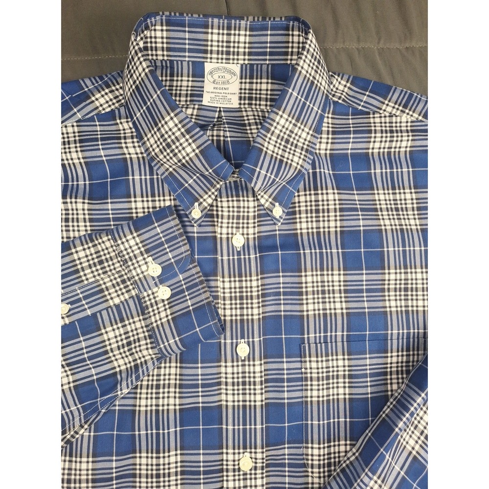 Brooks Brothers Regent Mens 2XL Blue Plaid Non Iron Supima Cotton Button Down